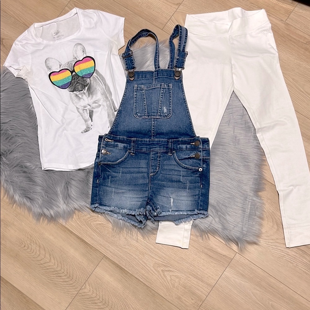 JUSTICE 3-PC BUNDLE - Denim Overalls, White Tee & Leggings